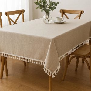 Stain Resistant Cotton Linen Tablecloth Farmhouse Style Tassel Edge Table Cover For Rectangular Dining Tables