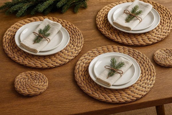 5 Natural Water Hyacinth Placemats Handwoven Round Rattan Table Mats Rustic Thick Wicker Coasters For Holiday Dining