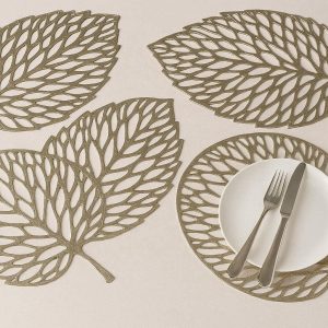 6 Modern Pressed Vinyl Metallic Placemats Hollow Leaf Design Accent Table Mats For Weddings Parties Special Occasions